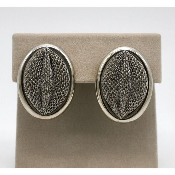 Vintage Jewelry - 90s Vintage Womens Chunky Mesh Silver Tone Clip On Oval Earrings Edgy Retro Goth